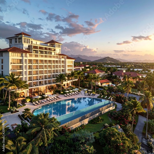 Luxury Resort Hotel with Pool and Palm Trees at Sunset