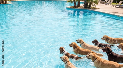 Joyful dogs playing in blue swimming pool summer heatwave mockup