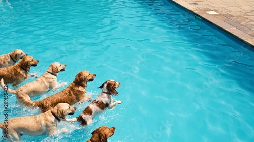 Joyful dogs playing in blue swimming pool summer heatwave mockup