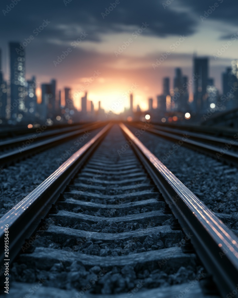 Fototapeta premium Parallel railway track leading toward a city