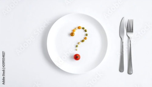 A white plate with cutlery alongside, arranged with small, colorful vegetables in a question mark shape. Concept of food choices