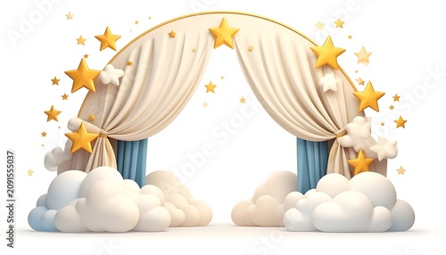 A whimsical cartoon archway with clouds, stars, and draped fabric. A heavenly, inviting design for celebrations or dreaming