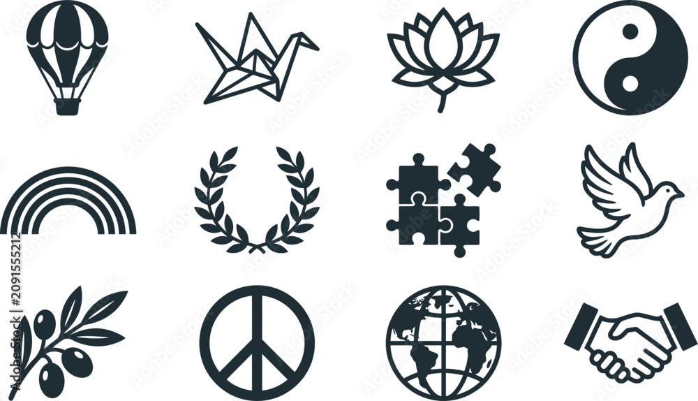 Obraz premium Set of minimalist black icons representing peace and unity concepts.