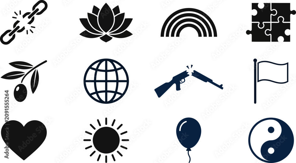 Obraz premium Set of diverse vector icons representing peace harmony and universal concepts.
