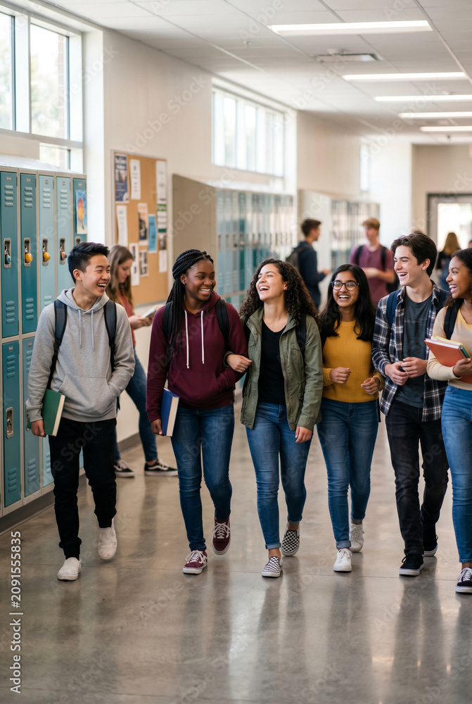 Obraz premium Diverse group of happy teenagers walking and laughing in a school hallway