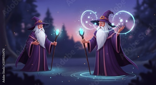 Two wizards performing magic in forest