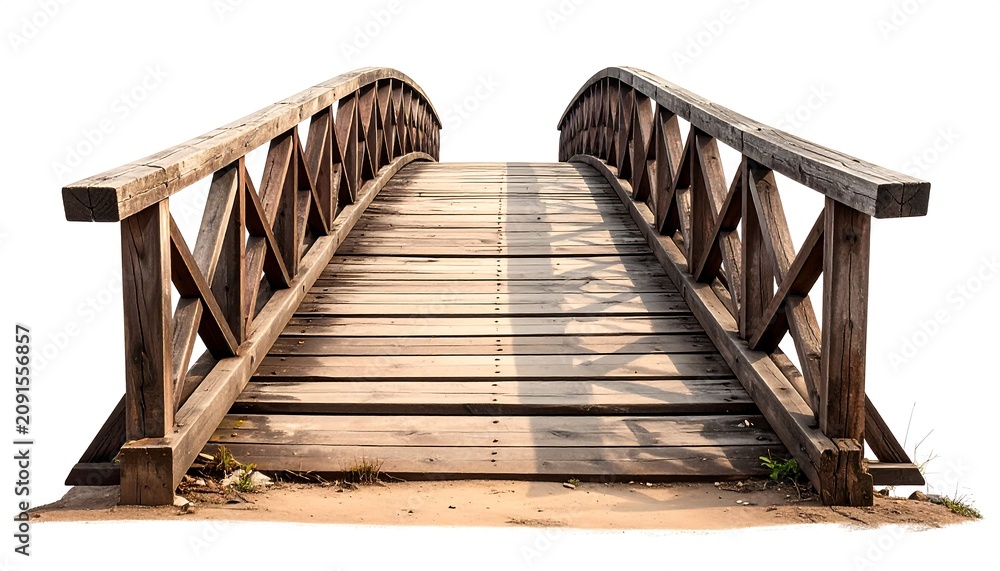 Fototapeta premium A weathered wooden arched footbridge isolated on a white backdrop, casting long shadows