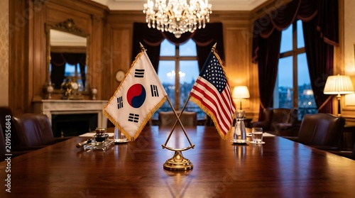South Korea and USA Flags on a Wooden Table in an Elegant Conference Room for Diplomatic Summit