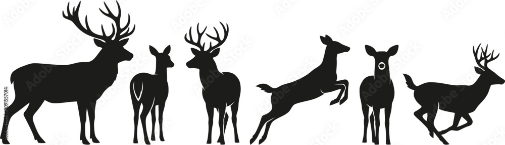 Fototapeta premium Deer silhouette set six black deer illustrations