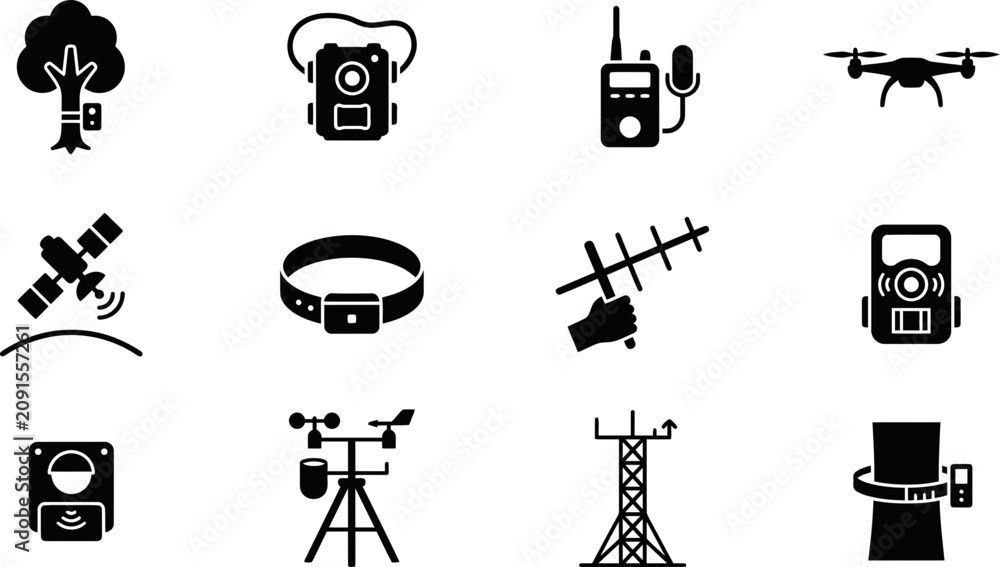 Fototapeta premium Set of black silhouette icons representing wildlife tracking and monitoring technology.