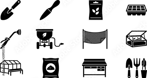 Tableau sur toile Set of Gardening and Horticulture Tools and Equipment Icons.