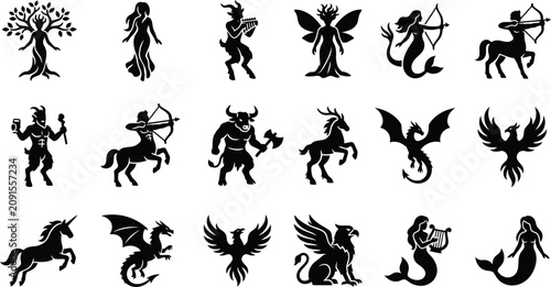 Fotografie Set of Mythical Creatures and Legendary Fantasy Beasts Silhouettes