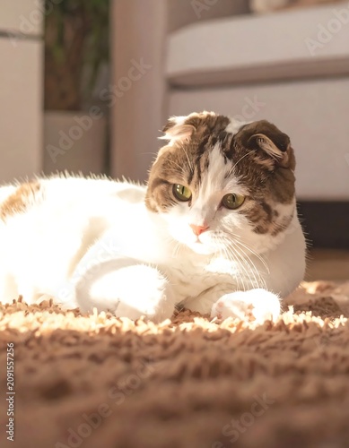Folded Ear Cat Lying on a Rug in Warm Sunlight