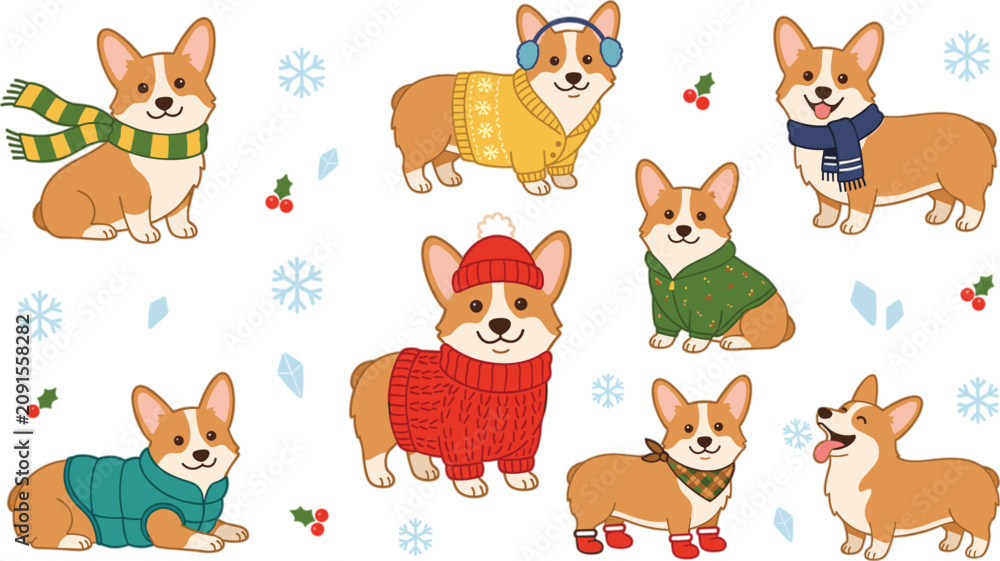 Obraz premium Cute cartoon corgi dog winter character vector illustration set wearing warm sweaters scarves hats earmuffs and boots