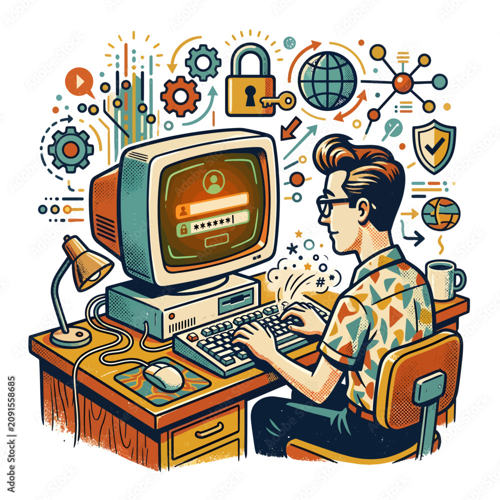 Naklejka premium Man working on computer with cybersecurity.