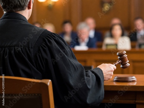 A judge in a black robe holding a wooden gavel while presiding over a session in a courtroom setting.