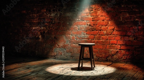 Wooden stool positioned in a dramatic spotlight against an old red brick wall.