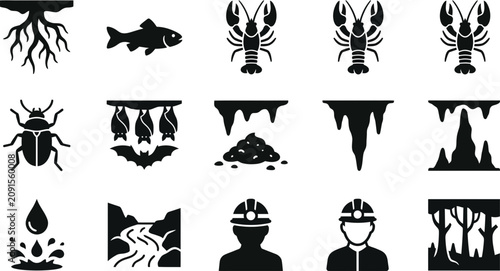Bild auf Leinwand Set of black and white cave and subterranean exploration icons.