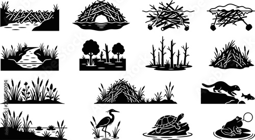 Bild auf Leinwand Set of beaver dam lodge and wetland ecosystem animal icons.