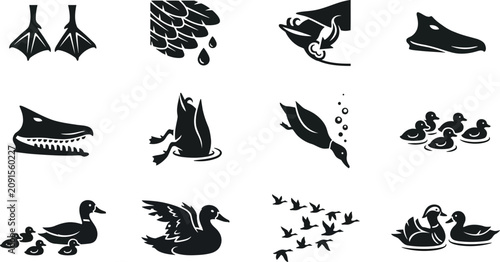 Εκτύπωση καμβά Set of duck bird icons in black and white style.