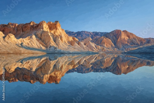 Golden hour light on jagged mountain cliffs reflected in a still mirror lake with mountain reflection landscape wilderness outdoors dramatic formation environment tranquil panoramic sunlight