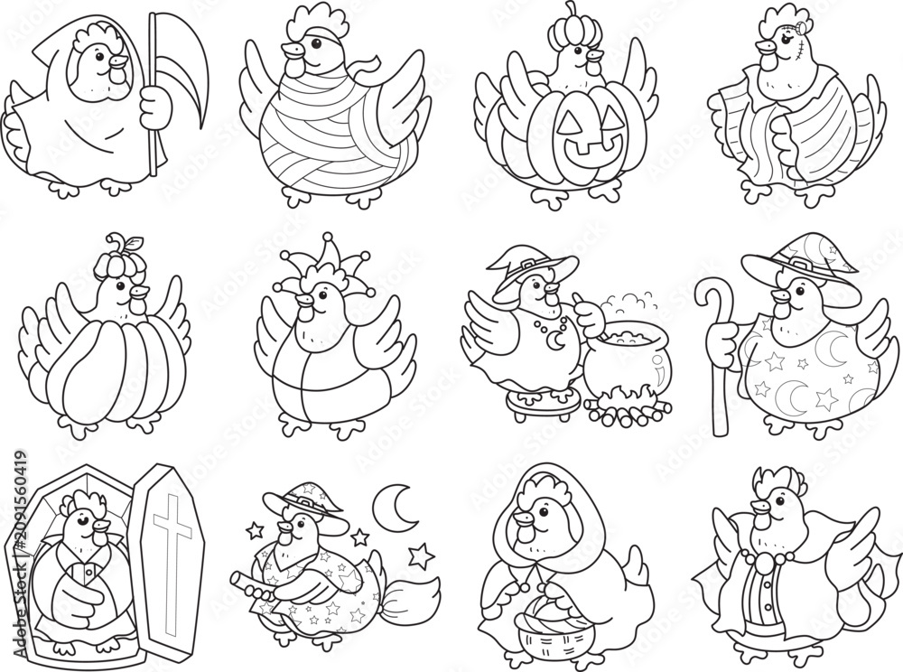Obraz premium Coloring pages of Cute funny Rooster Chicken sticker icon. Outline of Rooster Chicken 