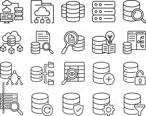 Fotografi Database, sql, schema Premium and Professional Icon Collection, Editable Stroke,