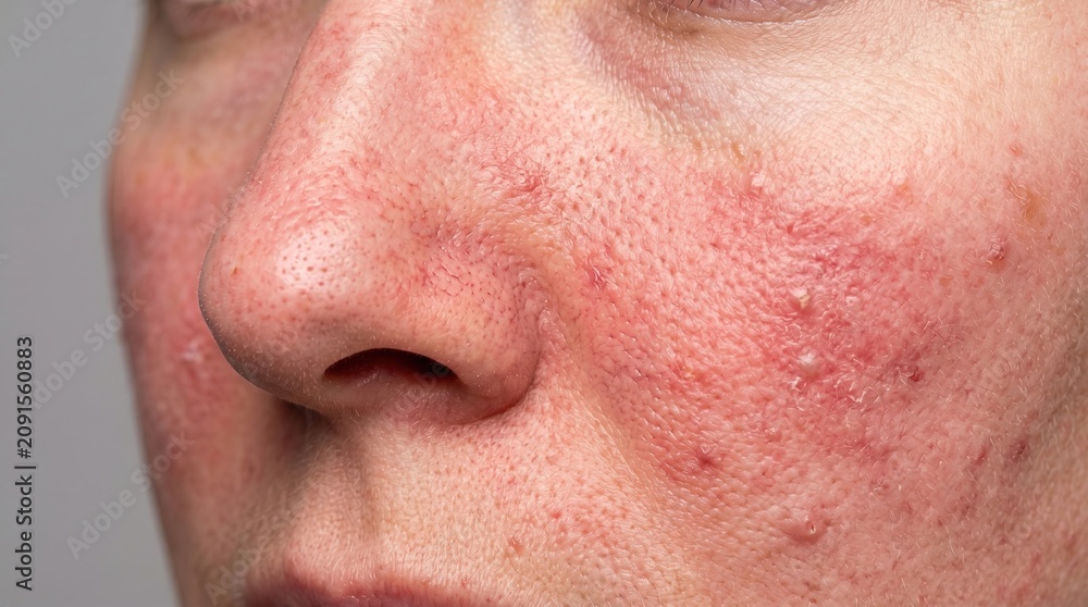Naklejka premium Extreme close up of human face with severe rosacea facial redness and skin inflammation