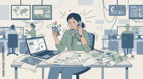 Overwhelmed businesswoman struggling with multitasking in busy office
