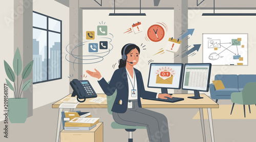 Busy overworked call center agent juggling multiple tasks and deadlines