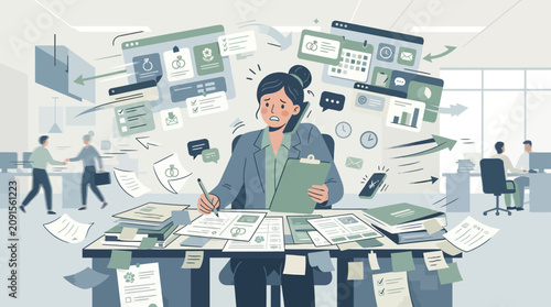 Overwhelmed businesswoman at messy desk with tasks and deadlines flying around