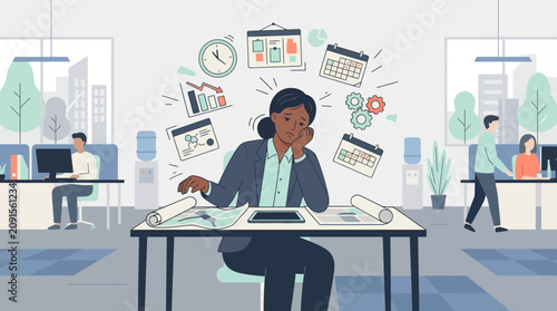 Overwhelmed businesswoman juggling tasks in busy modern office