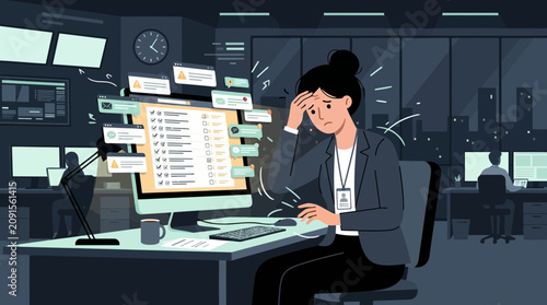 Stressed businesswoman overwhelmed by work emails and notifications at desk