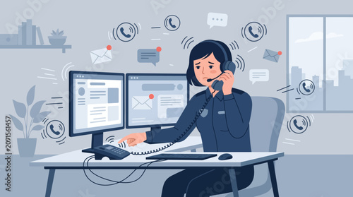 Stressed Woman Overwhelmed by Incoming Calls and Messages at Computer