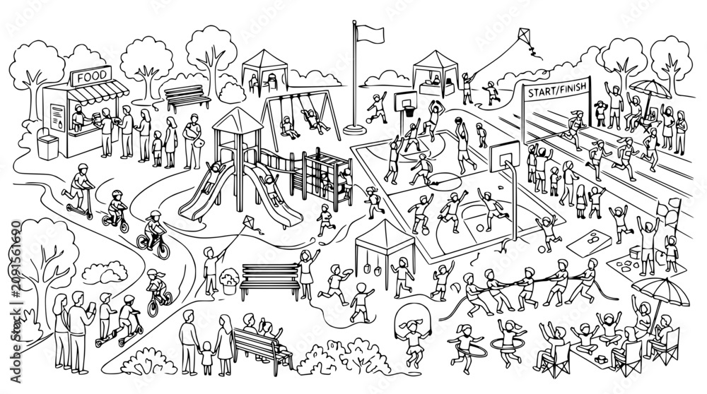 Obraz premium Diverse community park with playground, sports courts, and event activities