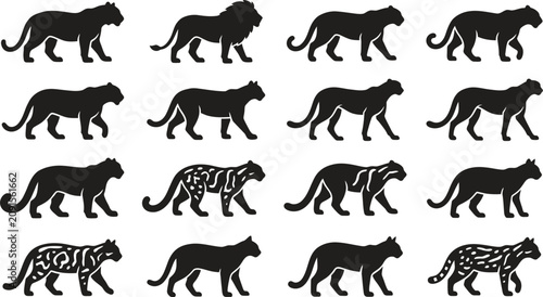 Photography Set of wild cat icons with different patterns and poses.