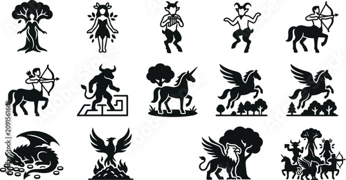 Konstfotografi Set of mythological creatures and fantasy beasts silhouettes.