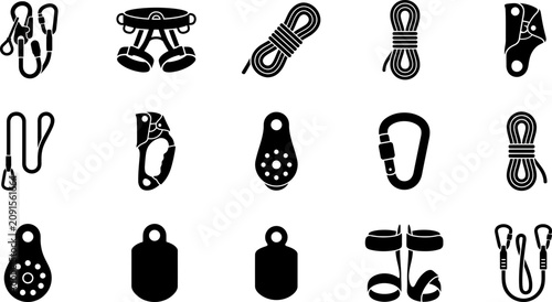 Canvas Print Set of mountaineering and climbing equipment icons in black.
