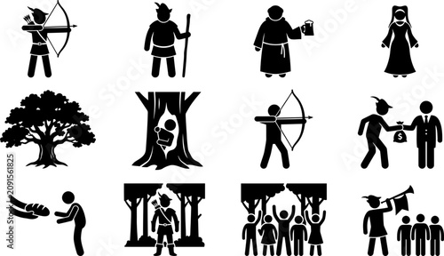 Bild auf Leinwand Robin Hood and Sherwood Forest Story Pictogram Icon Set.