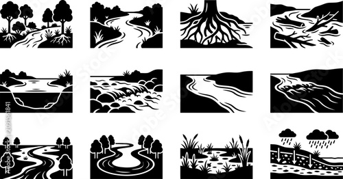 Photos Set of black and white river and water cycle icons.