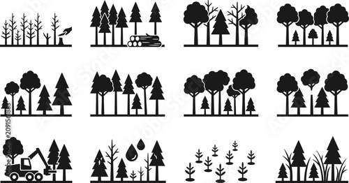 Konstfotografi Set of black forest and forestry icons and symbols.