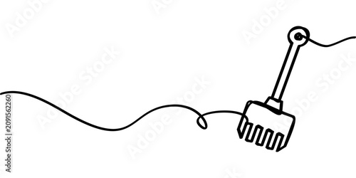 Garden rake continuous line drawing, minimalist outline icon of a farming tool with abstract wavy thread isolated on white background for gardening web design, agriculture banners, and flyers