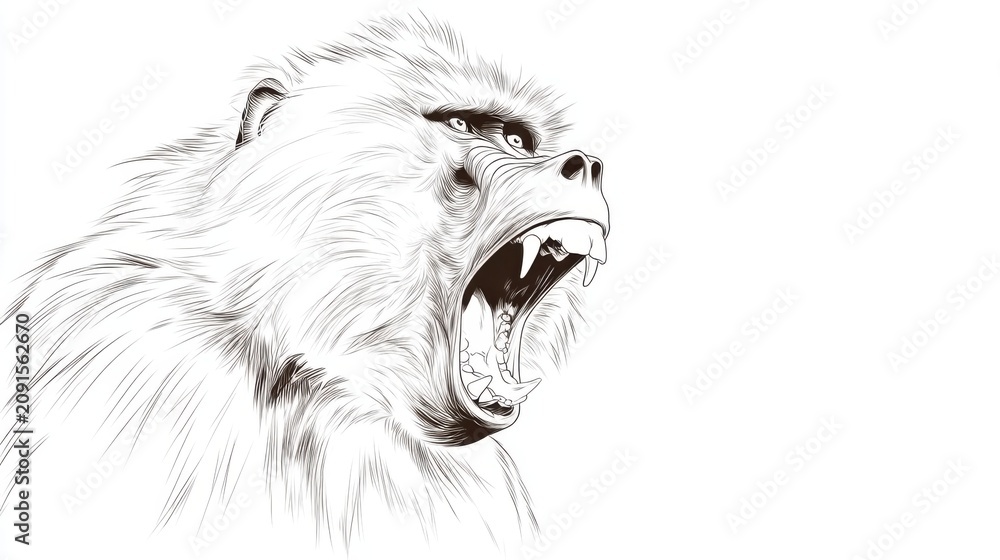 Obraz premium Angry Baboon Outline with Intense Expression on a White Background