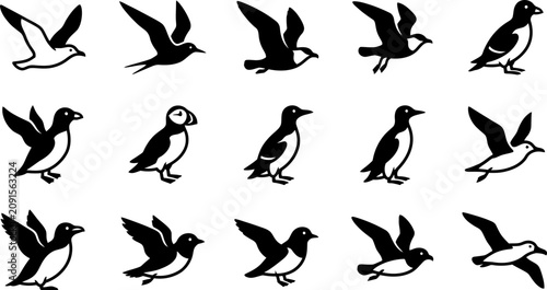 Canvastavla Set of hand drawn puffin and seabird icons.