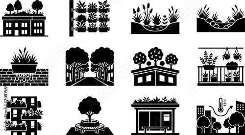 Schilderij op canvas Set of Urban Greening and Sustainable City Icons.