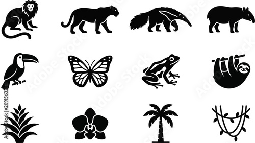 Photography Set of black and white tropical rainforest animal and plant icons