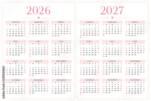 Minimalist 2026 and 2027 Calendar Grids with Pink Accents in a Clean Modern Layout Style