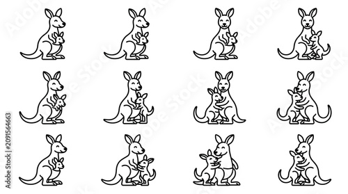 Tableau sur toile Set of cute kangaroo mother and joey line art illustrations.