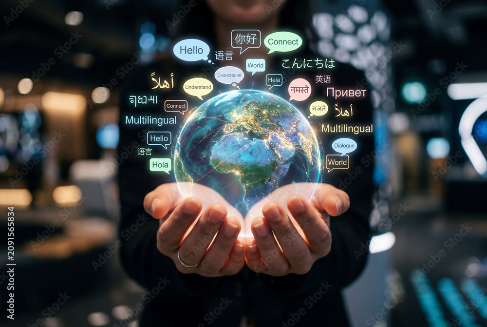 Fototapeta premium Hands hold a glowing holographic earth globe displaying text bubbles
