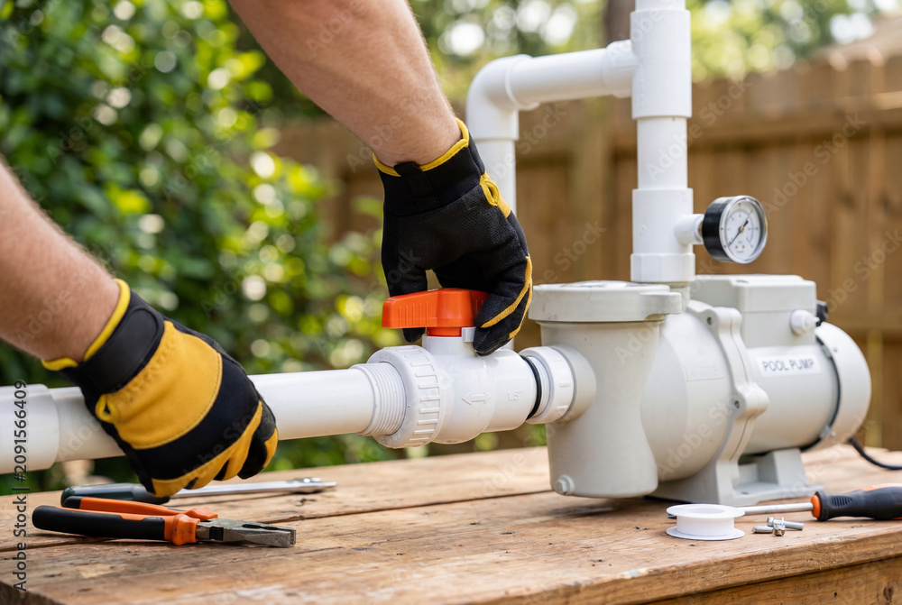 Obraz premium Gloved hands turning an orange valve on a white pool pump pipe